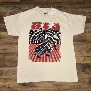 Gildan Heavy Cotton USA Dirtbike White T Shirt Size Large Red Blue
